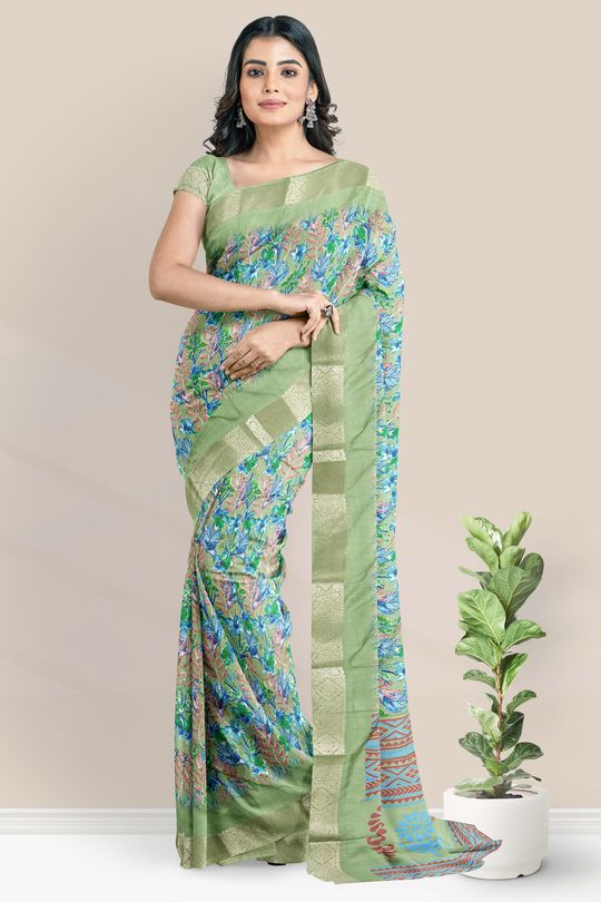 Fancy Silk Leaf Digital Print Pista Green Saree