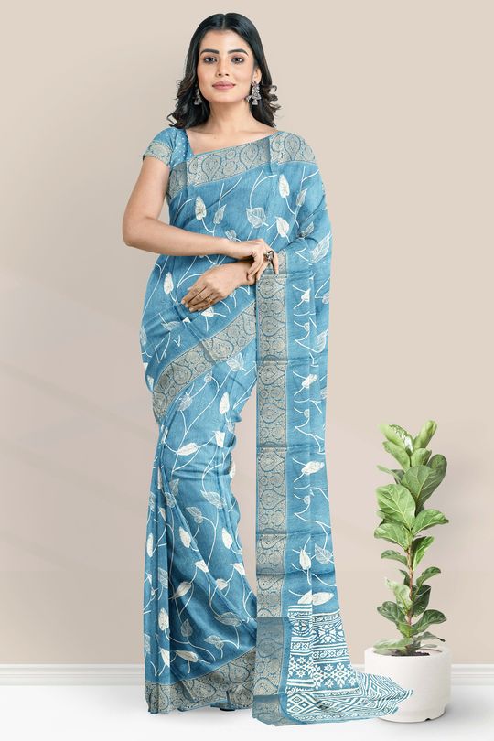 Soft Silk Leaf Print Blue Saree