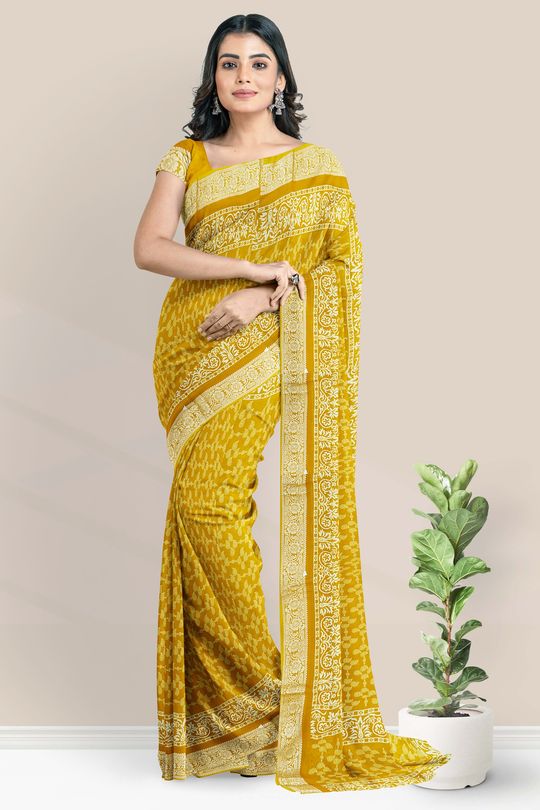 Chiffon Georgette Mango Leaf Pattern Haldhi Yellow Saree