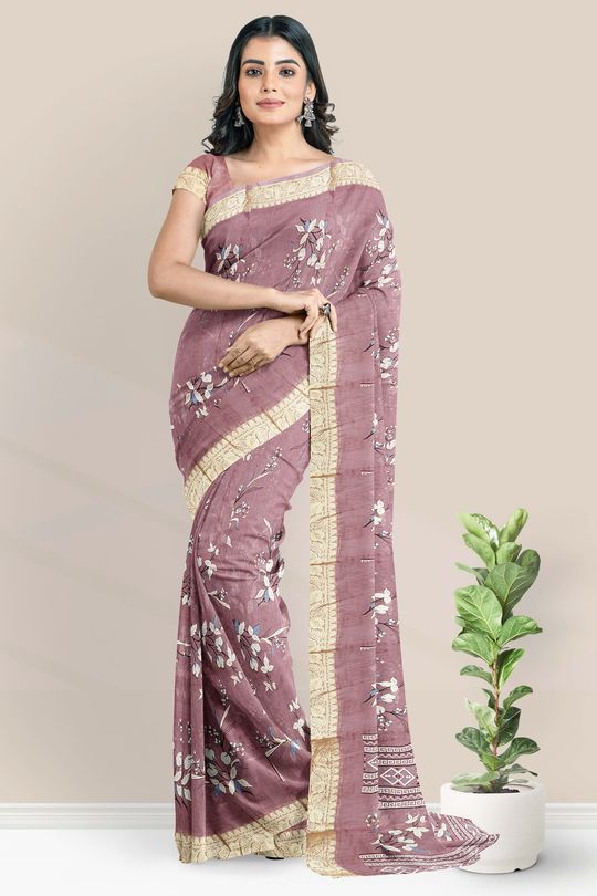 Chiffon Crepe Floral Print Onion Pink Saree