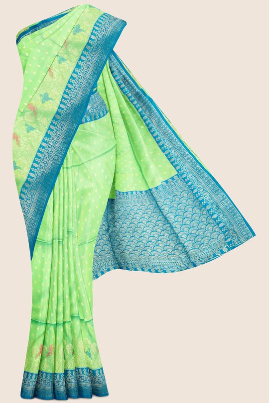 Soft Uppada Silk Small Butta ParrotGreen And CopperSulphateBlue Saree