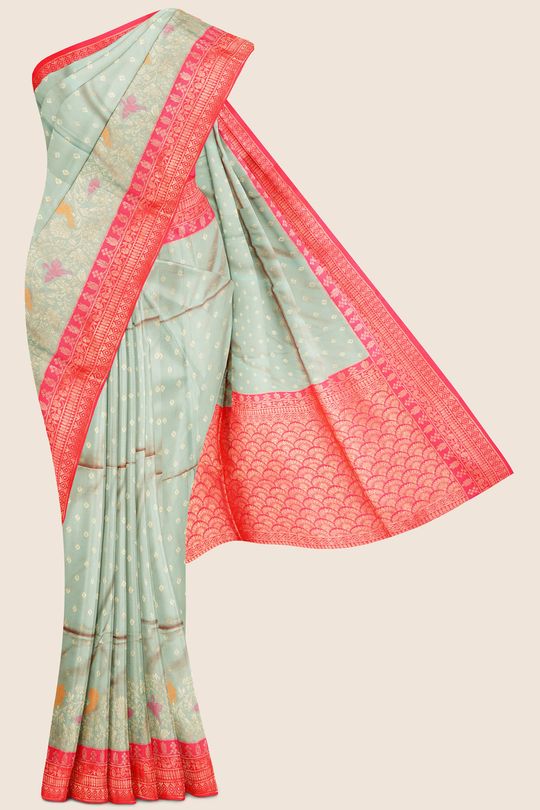 Soft Uppada Silk Small Butta Green And Pink Mix And Dark PeachPink Saree