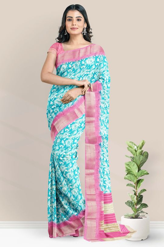 Buy Pastel Blue Floral Georgette Saree Online in USA |Pink Saree Blouse –  Pure Elegance