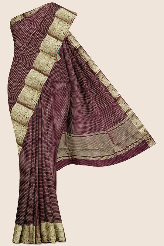 Georgette Checks Chokolate Brown And Raama Green Saree