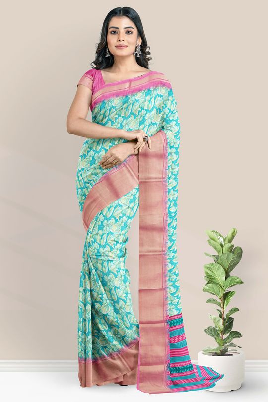 Soft Silk Floral Print Sky Blue And Pink Saree