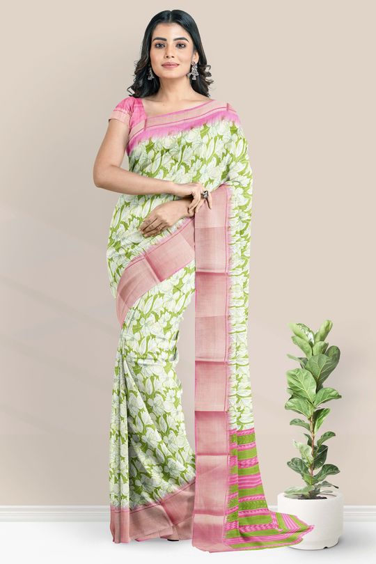 Soft Silk Floral Print Mehandhi Green And Pink Saree