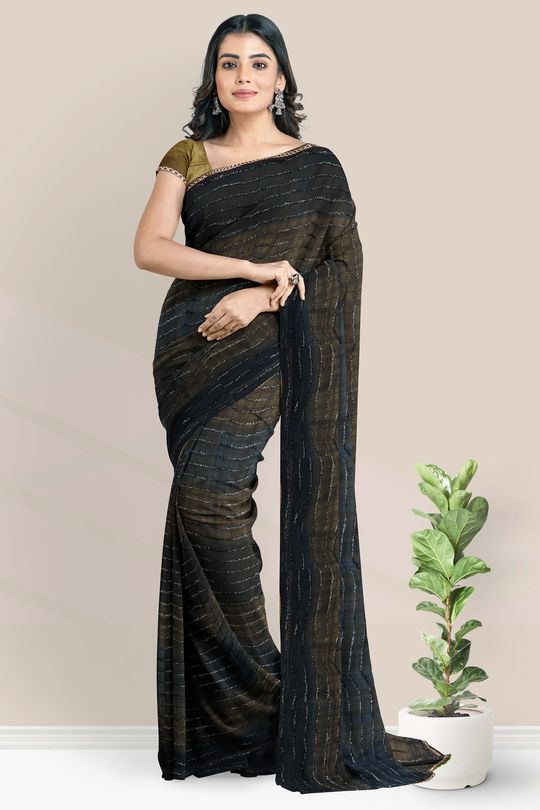 Embellished Chiffon Shimmer Saree in Black : SCBA3963