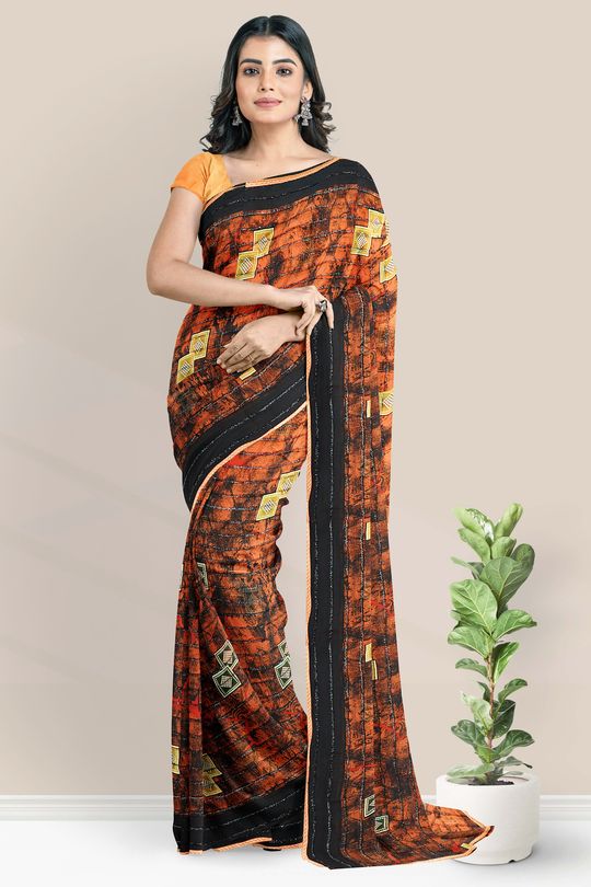 Kaisori Inayaat Mustard and brown Shibori print saree