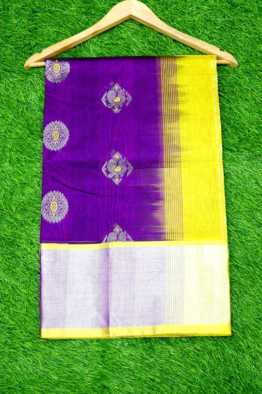 Pure Kollam Pattu Purple And Yellow Saree