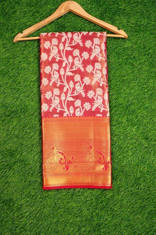 Semi Kanjivaram Bird Design Pink And Red Saree