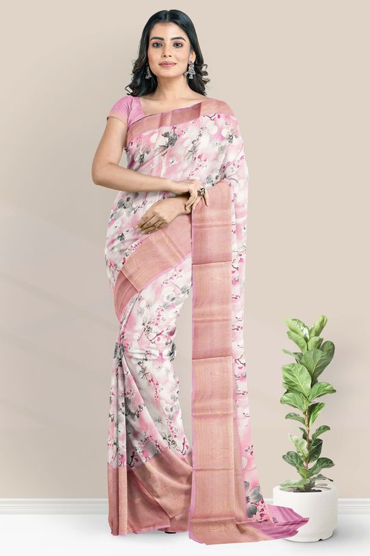 Silk Kota Digital Print Pink Saree