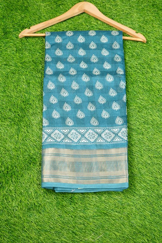 Fancy Chanderi Printed Peacock Blue Saree