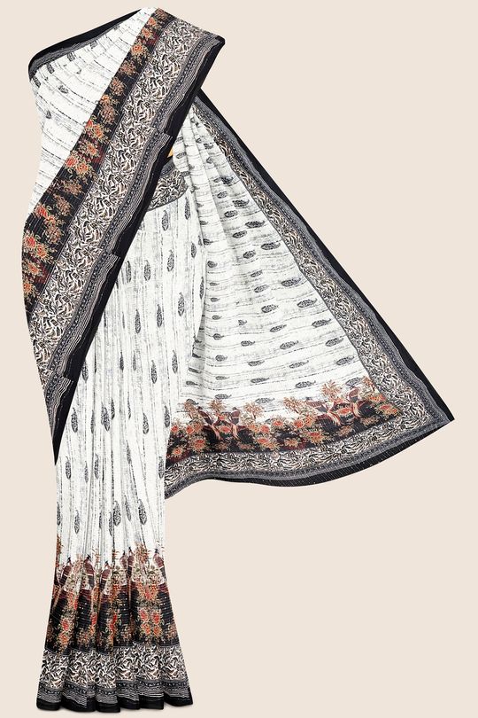 Georgette Sequence Work  White And Black Saree