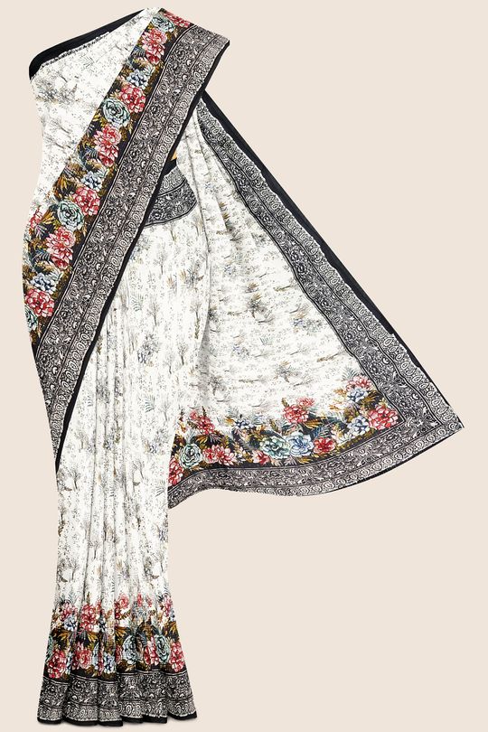 Georgette Sequence Work White And Black Saree