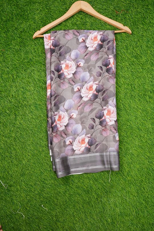 Shimmer Chiffon Floral Print Light Gray Saree
