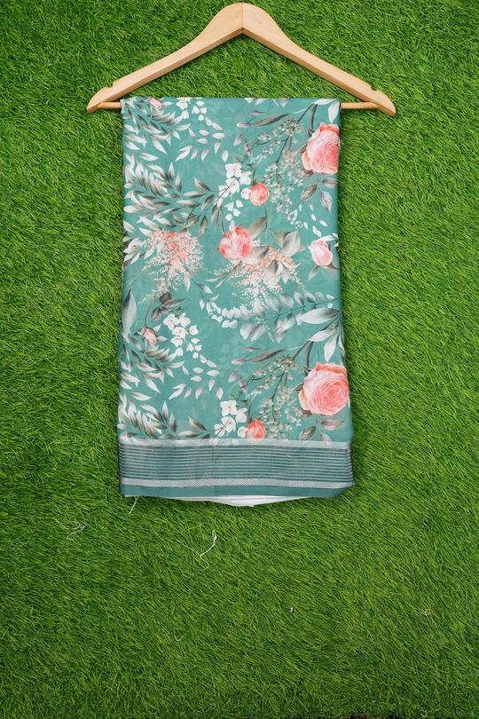 Shimmer Chiffon Floral Print Rama Green Saree
