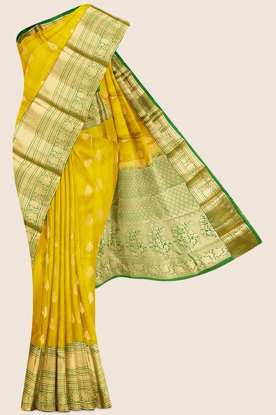 Light Weight kanchi Pattu Menthi Yellow And Green Saree