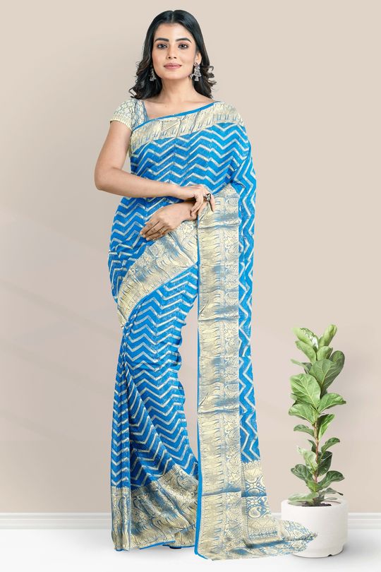 Cyan Blue Manipuri Katki Gardwal Saree With Navy Blue Zari Border And Pallu  - Charukriti - 3097222 | Saree, Saree styles, Saree blouse designs