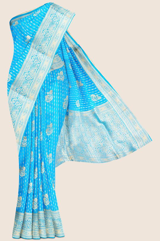 Handwoven Ikat pure silk saree in copper sulphate blue with dancing im