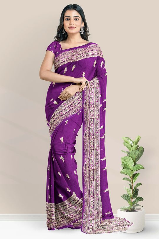 Buy Dark Eggplant Zardosi Embroidered Organza Saree Online | Samyakk