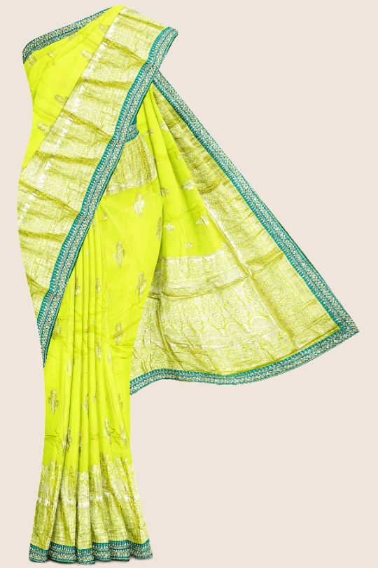 Munga Silk Less Embroidery Yellow And Green Mix And RamaGreen Saree