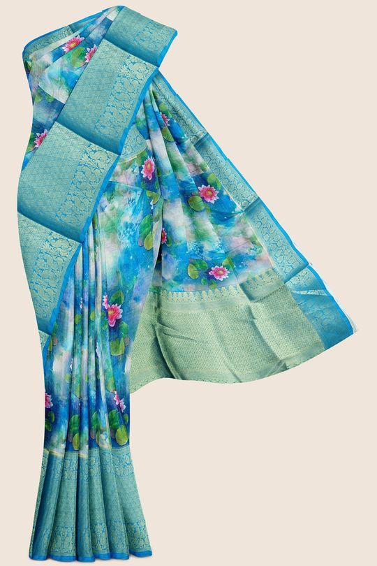 Silk Kota Floral Digital Print Royal Blue And Copper Sulphate Blue Saree