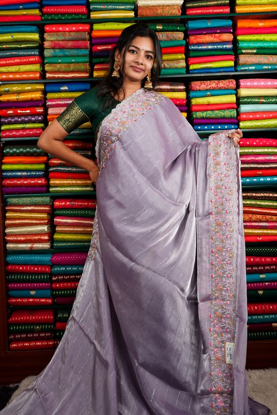 Glass Tissue Embroidary Lavendar Saree