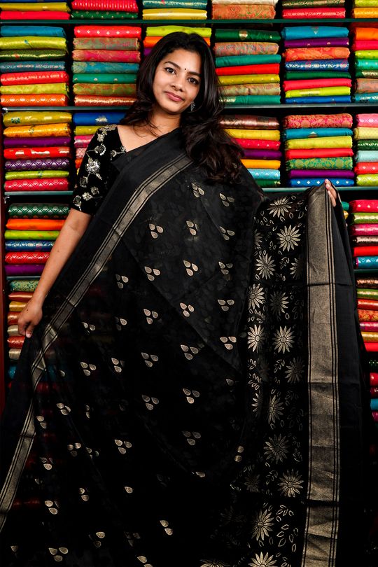 Black Wedding Saree in Embroidered Shimmer - SR25745