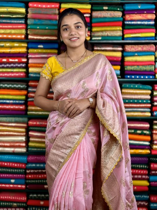 Munga Silk Cut Work Lace Border Baby Pink And Yellow Saree
