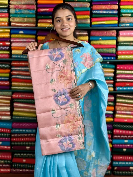 Soft Tussar Silk Embroidery CutWork Light Kanakambaram Saree