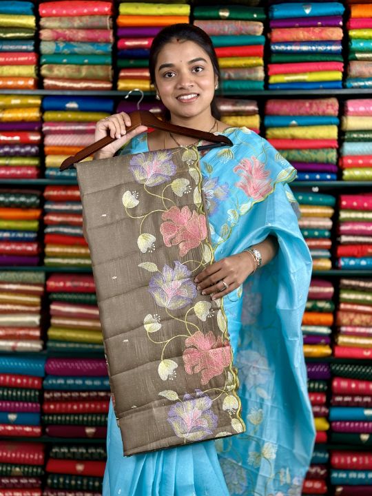 Soft Tussar Silk Embroidery CutWork Khaki Brown Saree