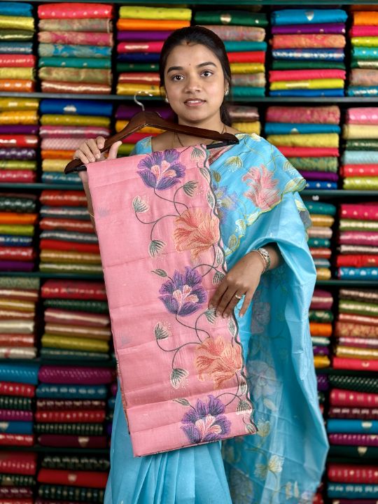 Soft Tussar Silk Embroidery CutWork PeachPink Saree