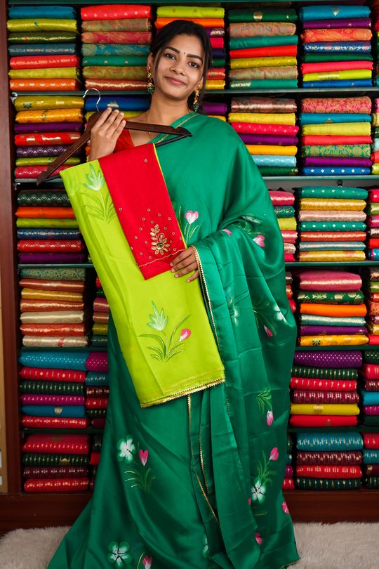 parrot green with pink combination big border ikat saree and blouse