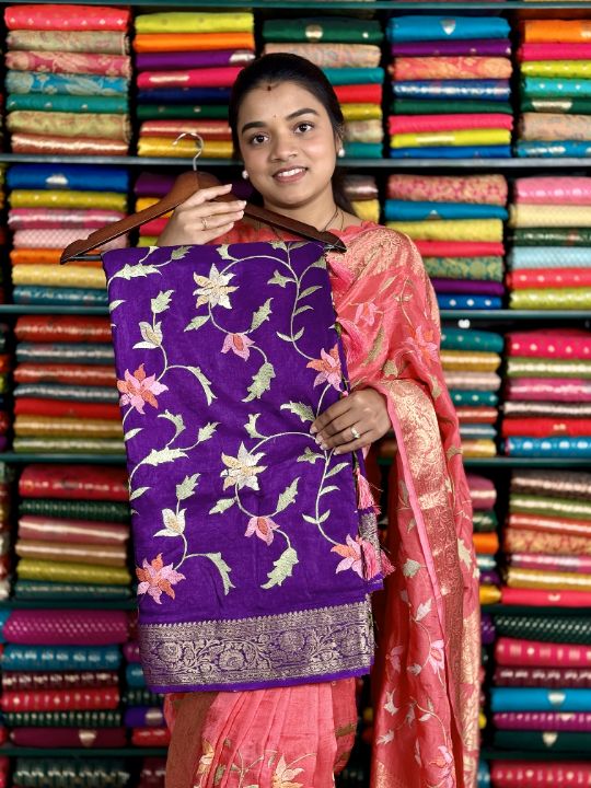 Munga Silk Embroidery Work Purple Saree