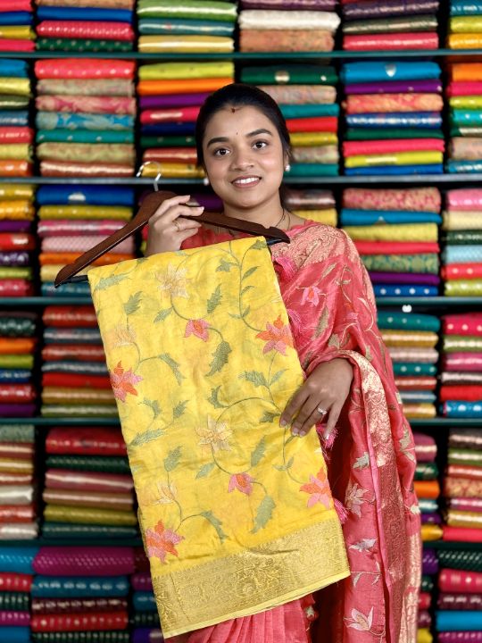 Munga Silk Embroidery Work Yellow Saree