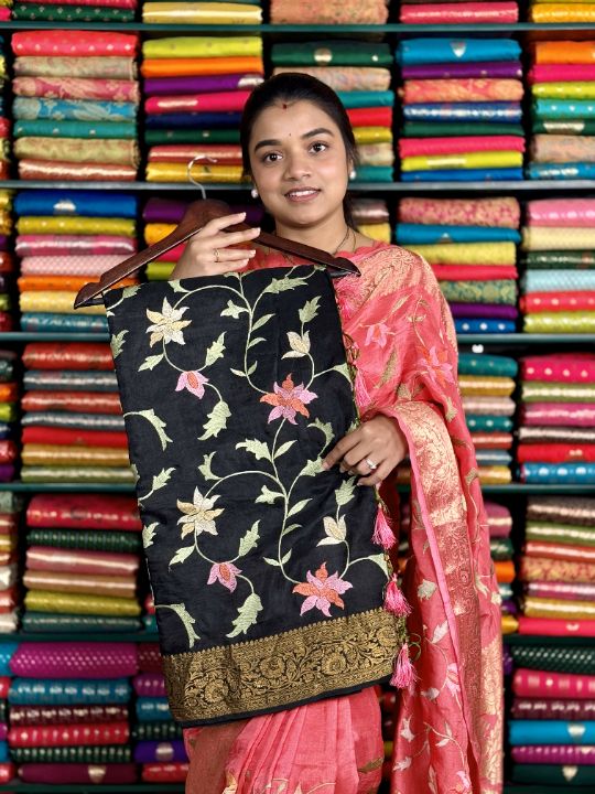 Munga Silk Embroidery Work Black Saree