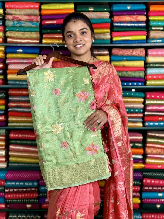 Munga Silk Embroidery Work Pastel Green Saree