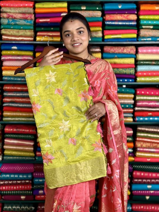 Munga Silk Embroidery Work Light ParrotGreen Saree
