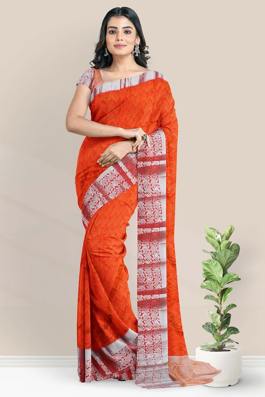 Chapa Silk Silver Zari Weaving Orange And Red Mix Saree