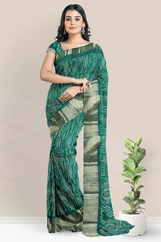 Buy online Zari Woven Tissue Silk Sarees with Chit Pallu -Dark Green-AF519