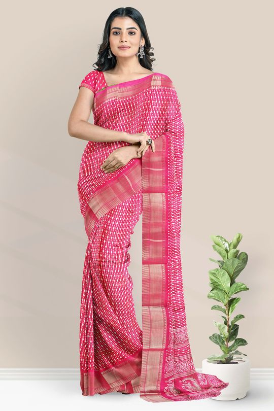 Jute Silk Printed Bright Pink Saree
