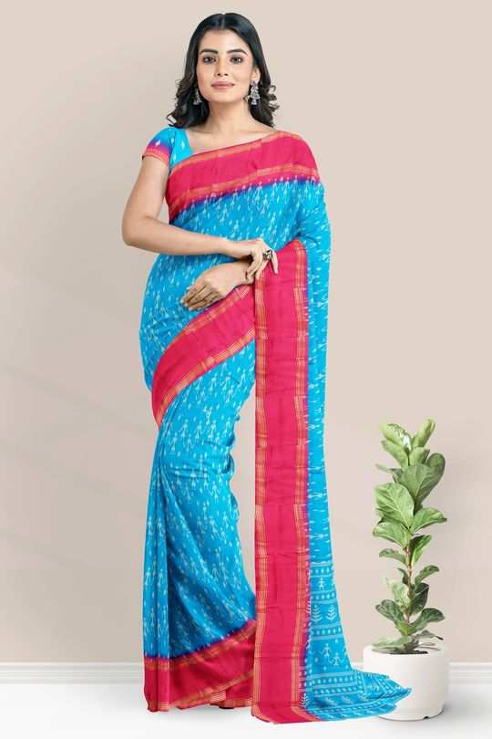 Crepe Silk Gap Border Copper Sulphate Blue And Pink Saree