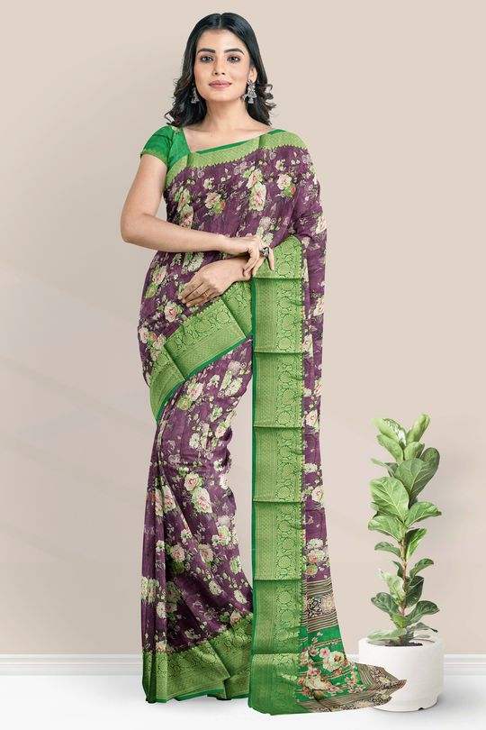 Soft Silk Floral Digital Print Purple And Green Saree