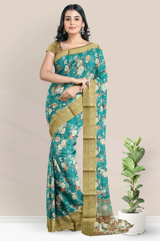 Soft Silk Floral Digital Print Raama Green And Green Saree