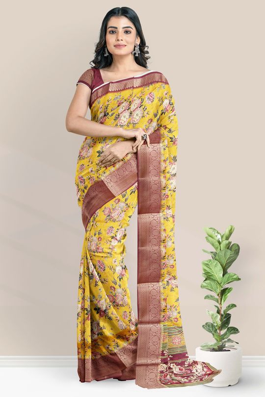 Soft Silk Floral Digital Print Musturd Yellow And Dark Pink Saree