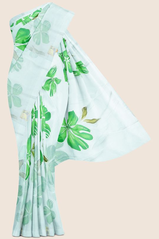 Paper Silk Ready To Wear Blouse Half White And Parrot Green Saree