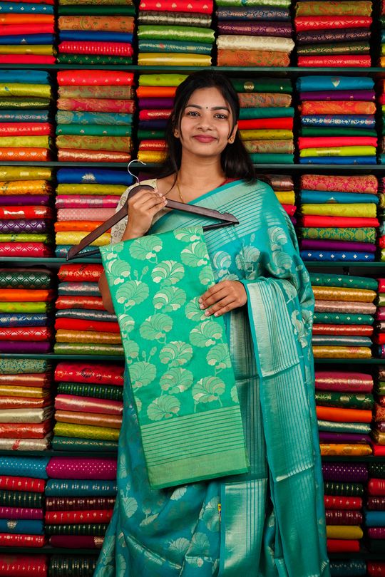 Chiffon Brasso Weaving Rama Green Saree