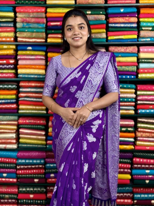 Georgette Silver Thread Weaving Purple Saree