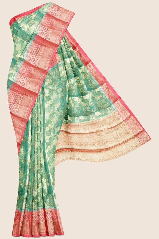 Soft Tissue Meena Work Green And Pink Saree