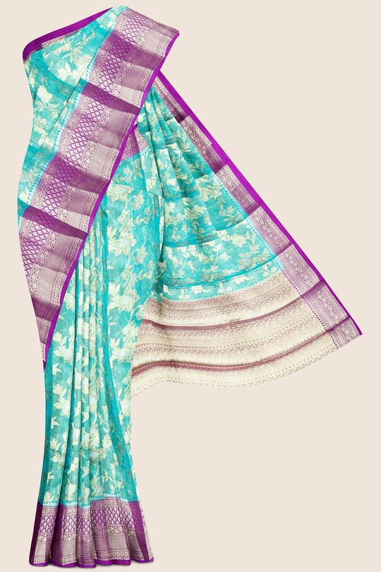 Soft Tissue Meena Work Copper Sulphate Blue And Brinjal Saree